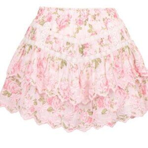 LoveShackFancy Emilia 100% Cotton Embroidered Lace Mini Skirt Sz P Pink Floral